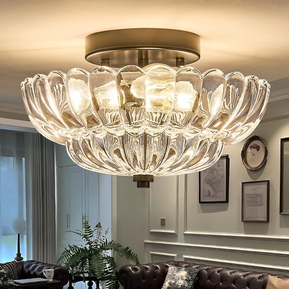 FHKLZCI 3-Lights Mid Century Modern Vintage Semi Flush Mount Ceiling Light Fixture,Black Surface Treatment,Clear Flower Glass,for