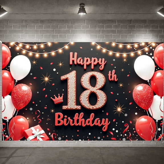 Red White Theme Happy 18th Banner Glitter Design 18th Birthday Display Balloon Decor Crown Accent 18th Backdrop for 18th Birthday Party Teen Celebration Photo Shoot