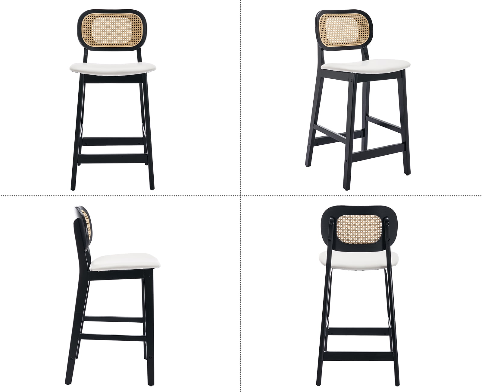 Dayalane Rattan Counter Height Bar Stools Set of 2, 26" Mid Century Modern Wood Farmhouse Barstools with Footrest, PU Upholstered Kitchen Island Chairs for Pub Restaurant, White