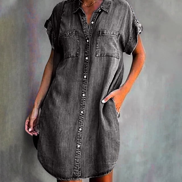 Robes en Denim Délavé pour Femmes à Manches Courtes Longue Robe à Col en V Boutonnée Robes Maxi Amples Robe Mode