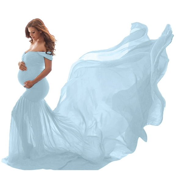 Pisexur Maternity Dress for Photoshoot Womens Off Shoulder Mermaid Chiffon Gown V Neck Elegant Fit Long Maxi Dress Photography Pregnant Baby Shower Dress for Photo Prop