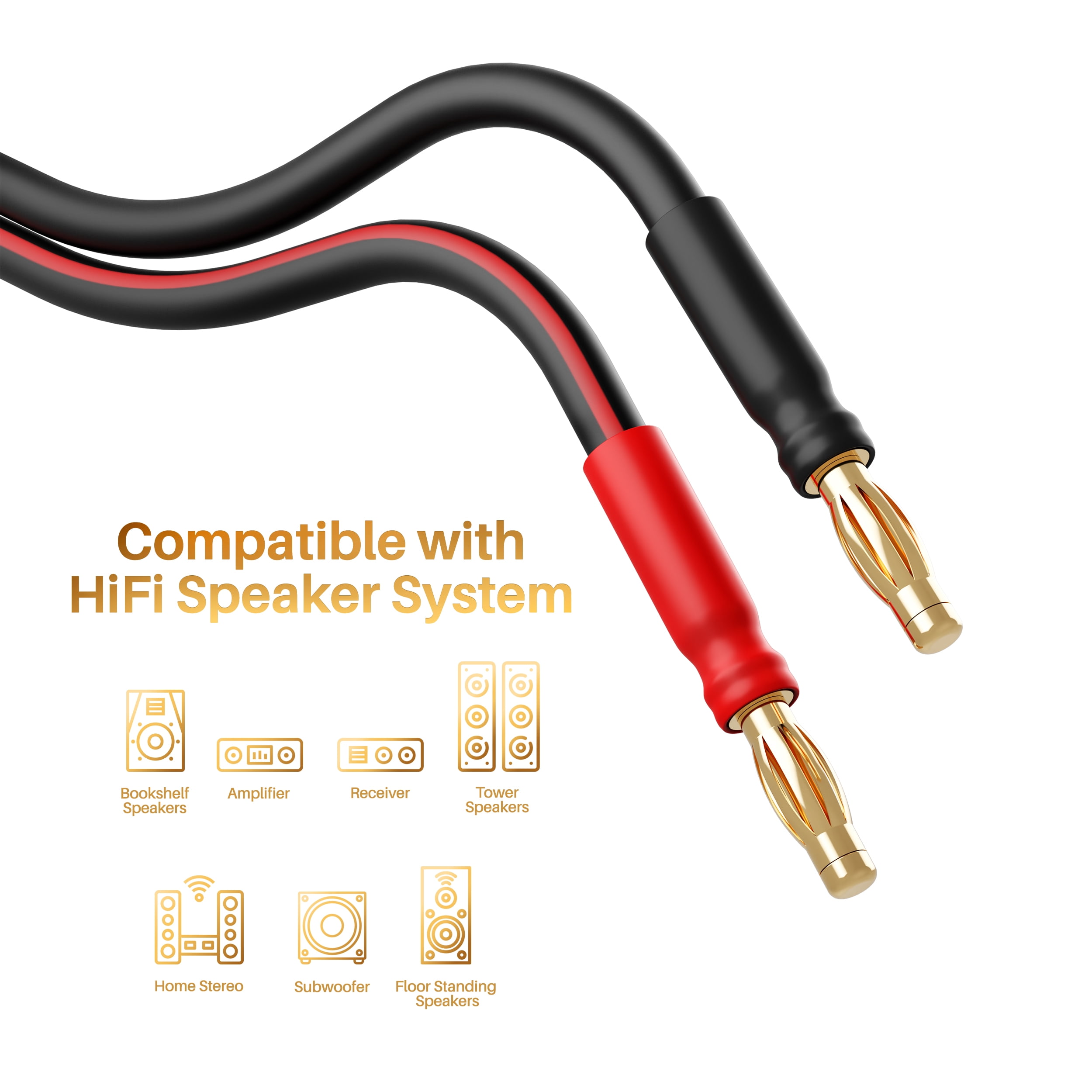 GearIT 14 AWG Speaker Cable Wire with Banana Plugs (2 Pack, 16.4 Feet - 5 Meter) 14Ga Gauge Banana Wire for Bi-Wire Bi-Amp HiFi Surround Sound - 99.9% OFC Copper, Gold Plated Tips - Black, 16.4 Ft