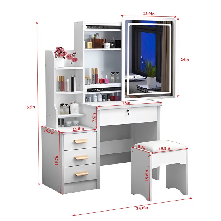 Makeup Vanity Desk With Lights & Mirror - White Dressing Table With 4 Drawers, Cushioned Chair & Adjustable LEDs