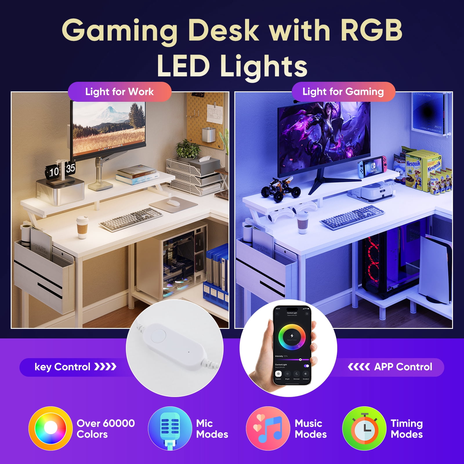 CONCETTA 40" L Shaped Gaming Desk with USB Charging, LED Lights, Power Outlets, Large Storage space, Monitor Stand, White