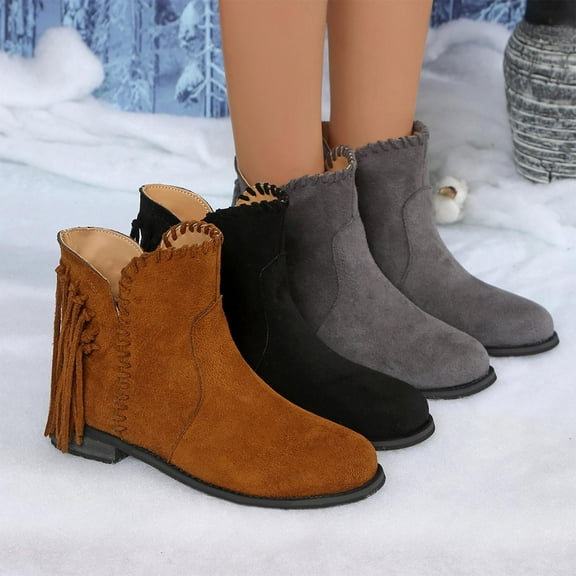 Miluxas Fringe Boots for Women Western Cowgirl Retro Fall Winter Ankle Boots Suede Round Toe Flats Pull On Short Boots with Tassels Gray 9.5(43)