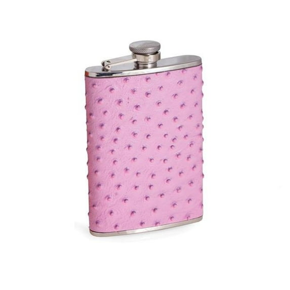 Bey-Berk International FS248 8 oz Stainless Steel Ostrich Leather Flask with Captive Cap & Durable Rubber Seal - Pink & Silver