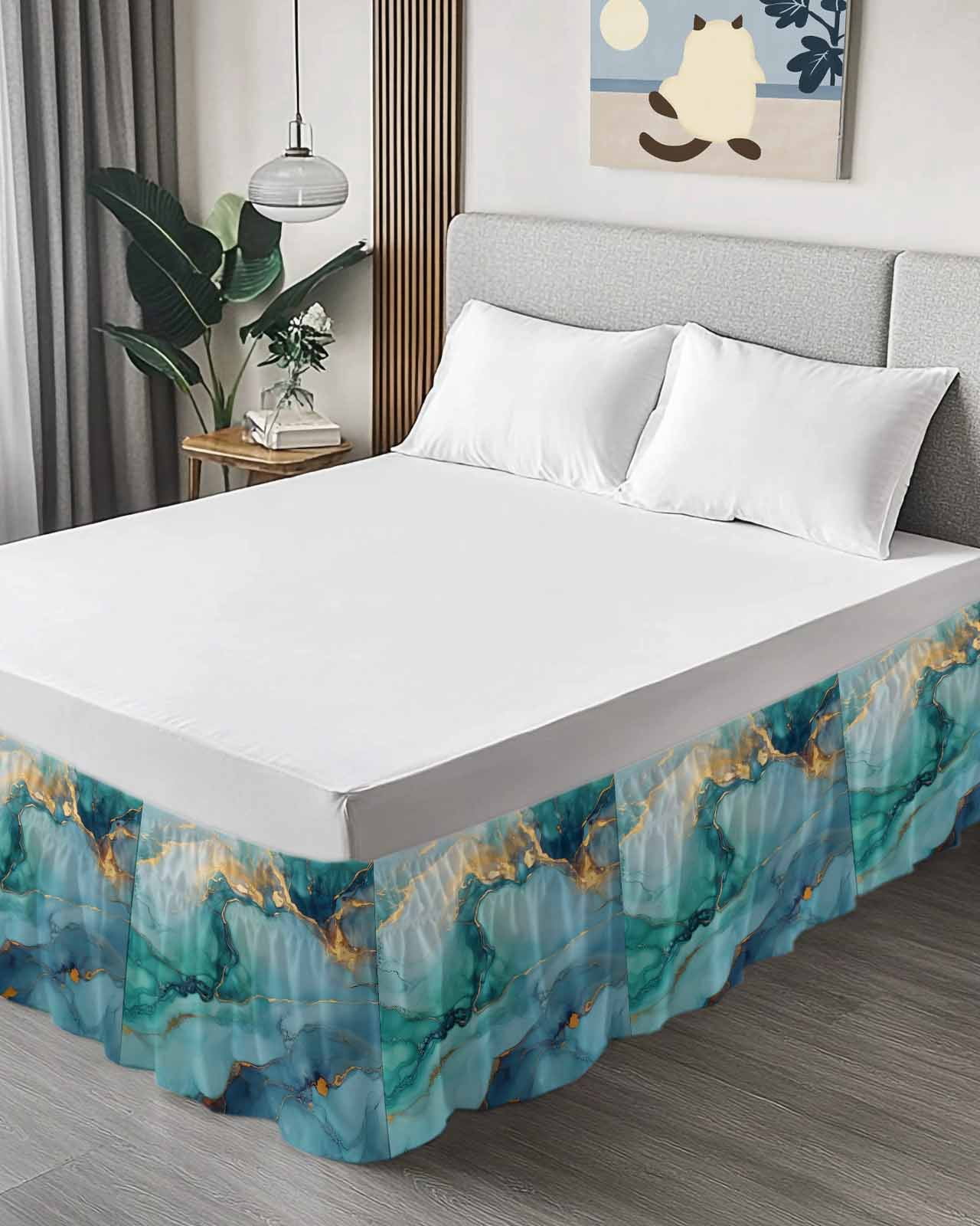 Marble Teal Wrap Around Bed Skirts for King Bed 16" Drop, Bed Skirt with Adjustable Elastic Belt Dust Ruffle Bed Valance for Bedroom Hotel Luxury Luxury Golden Modern Abstract Art Bed Frame Cover