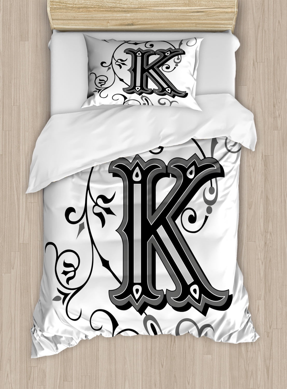 Letter K Twin Size Duvet Cover Set, Uppercase K with a Design from Medieval Times Letter Sign Alphabet Pattern, Decorative 2 Piece Bedding Set with 1 Pillow Sham, Black Grey White, by Ambesonne
