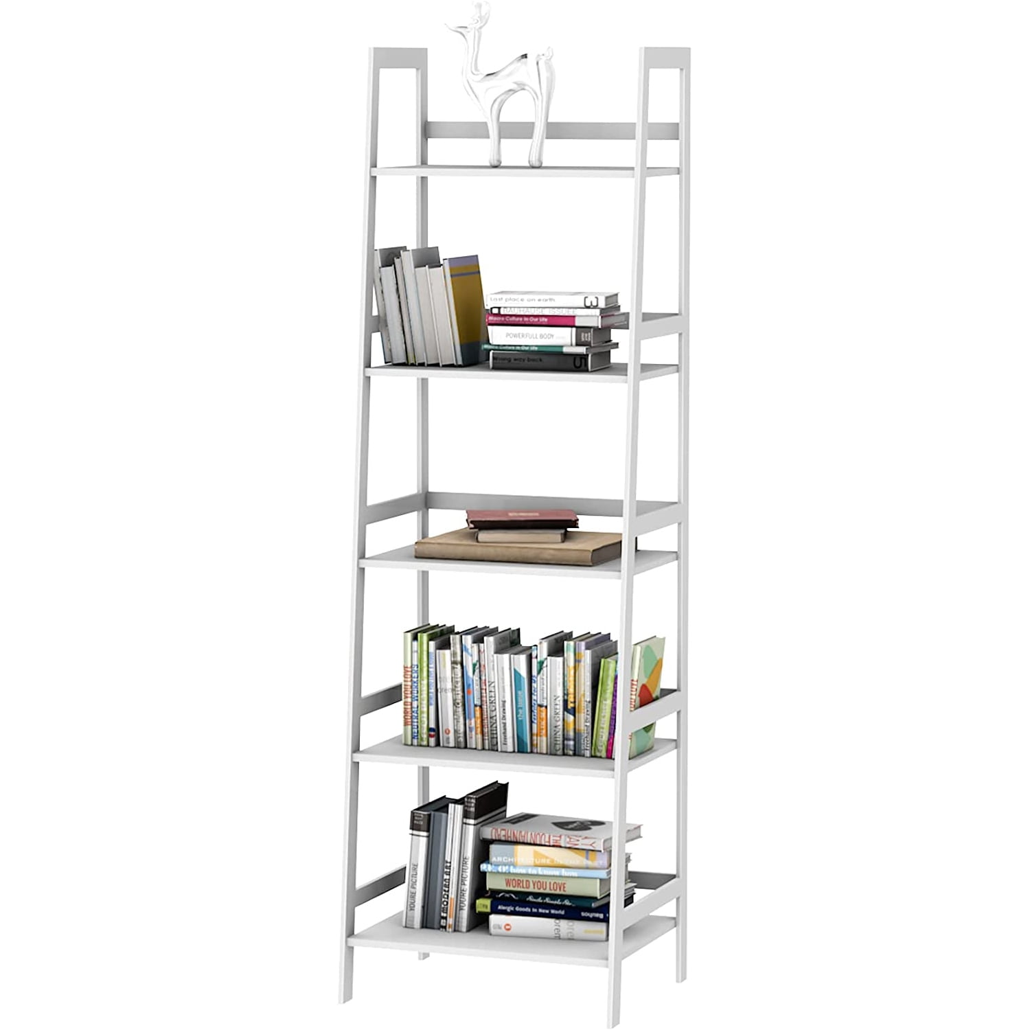 Kadyn 5-shelf Ladder Bookcase, Plant Flower Stand, Freestanding Bamboo Frame Storage Rack Shelf, White