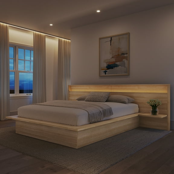 Nexera Lido Queen Size Extended Headboard with Integrated Shelves and Lighting, Natural Blonde Oak
