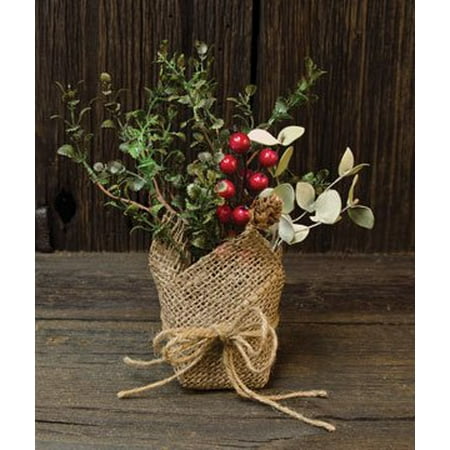 Pinecone Red Berry - Rustic Potted Country Eucalyptus Greenery Pinecones Red Berries Cement Pot Burlap Primitive Floral Décor