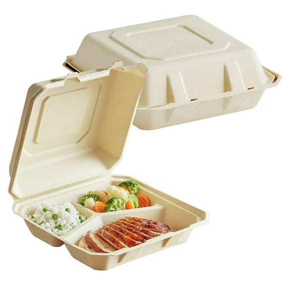 100% Compostable 3 Comp Take Out Food Containers 9 x9 Inch. 40 Count Heavy-Duty Quality to Go Containers, Natural Disposable Bagasse, Eco-Friendly Biodegradable Made of Sugar Cane