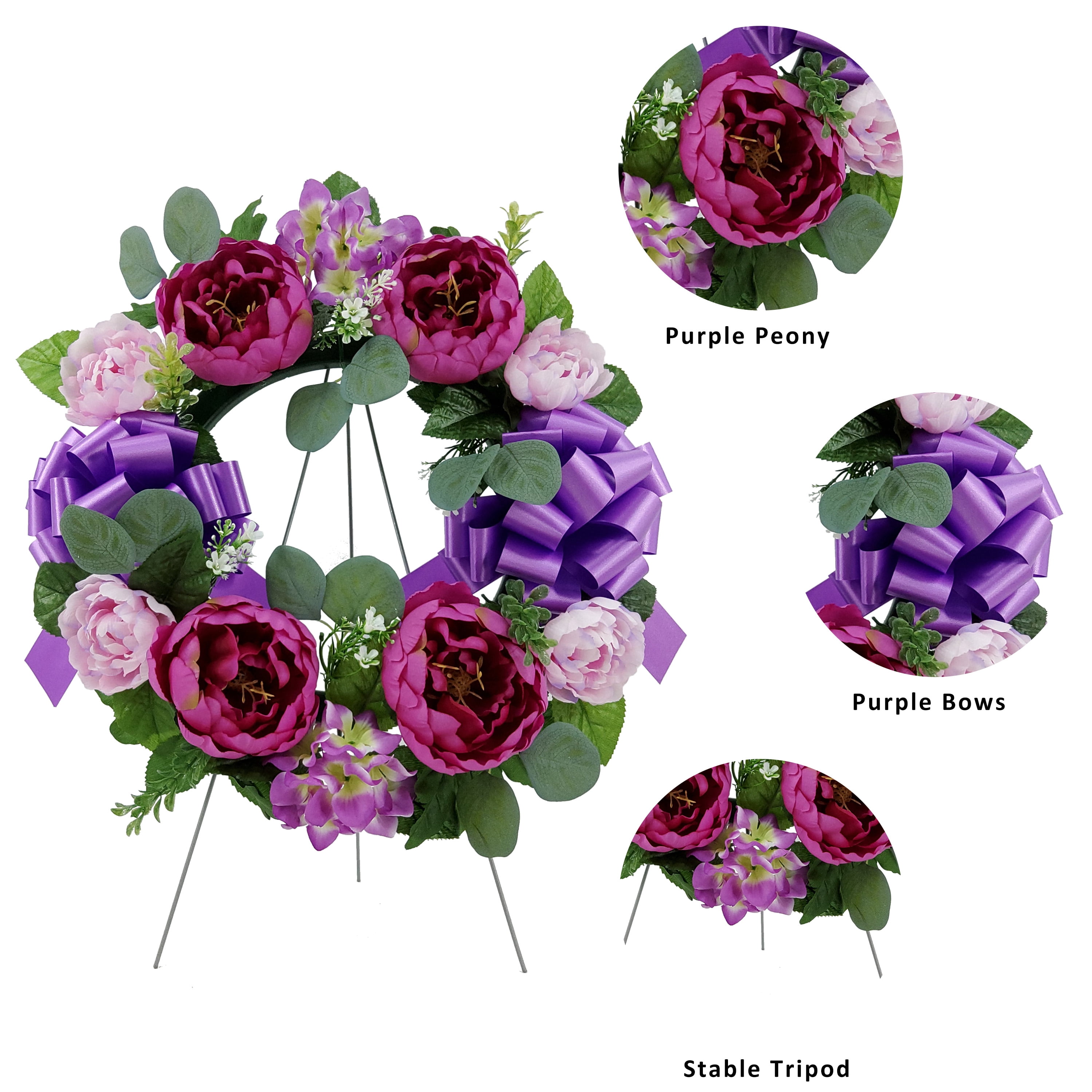 Mainstays 17 in Outdoor Artificial Peony Wreath with Metal Easel, Polyester, Purple