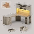 thumbnail image 2 of SEDETA L Shaped Desk with Hutch, Farmhouse Computer Desk with Drawers, Sliding Doors, Open Shelves, Corner Home Office Desk with Power Outlets & LED Lights, Wood Writing Desk, Grey, 2 of 8