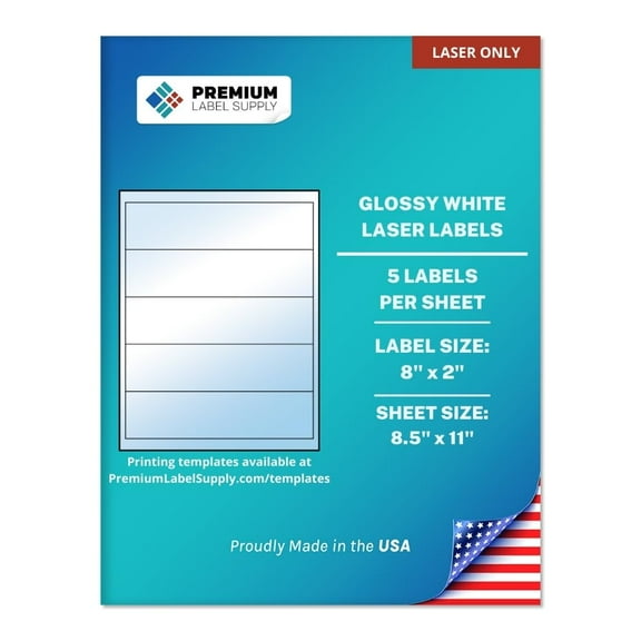 Premium Label Supply Glossy White Water Bottle Sticker Labels – NOT WATERPROOF – 8" x 2" – (5 Labels/Sheet) (Glossy White for Laser Only, 50 Labels)
