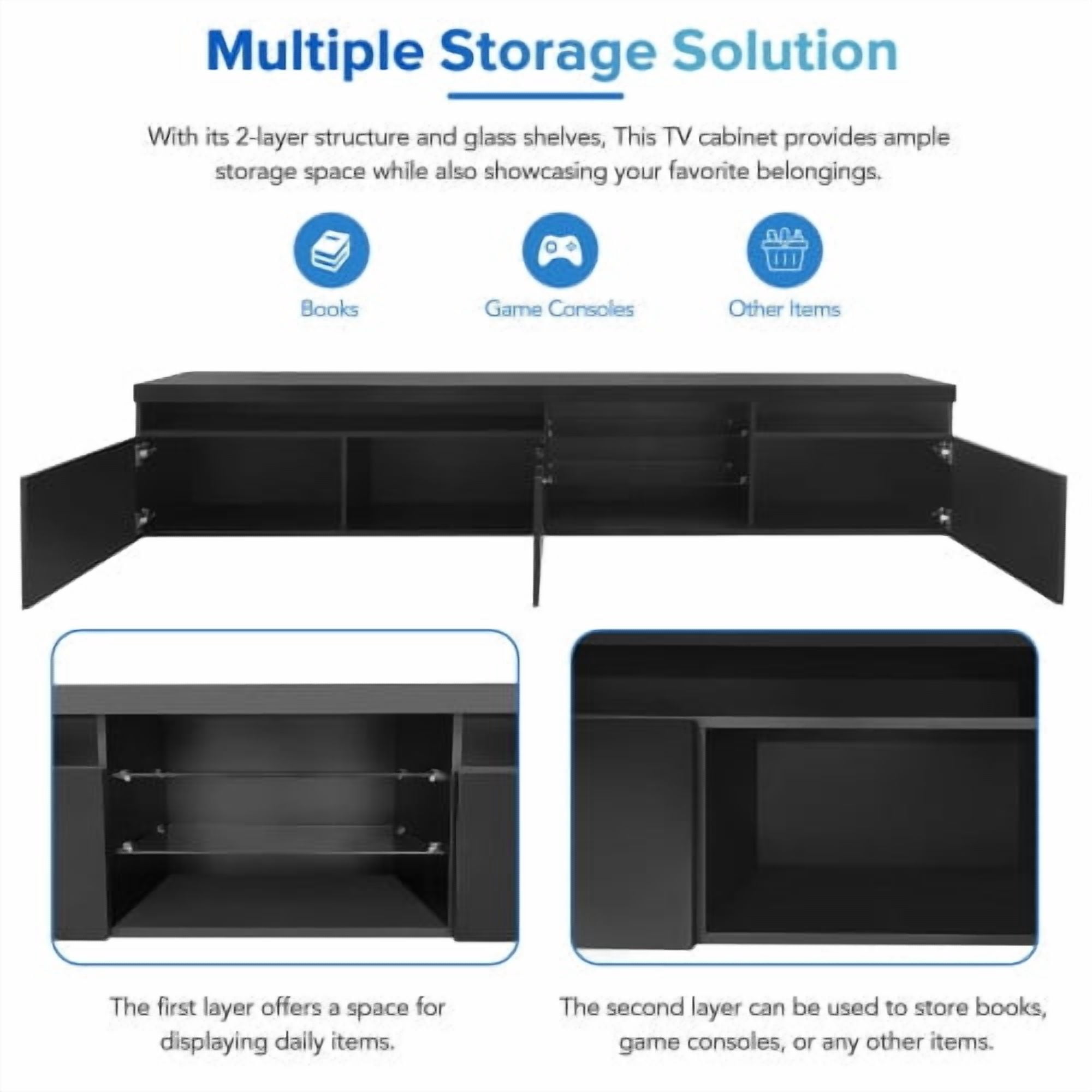 HICOMILA LED TV Stand for 80/90/100 inch TVs, Large Entertainment Center Console Table with 4 Glass Shelves & 2 Storage Cabinets, White