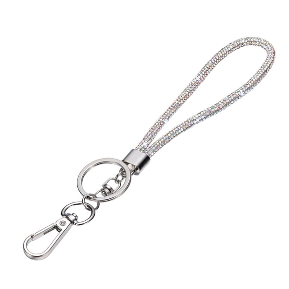 Uxcell Bling Lanyard, 8"/21cm Rhinestone Crystal Lanyard Chain Diamond Wrist Strap Keychain with Metal Clasp & Keyring for Office ID Card Badge Keys Women, Iridescent