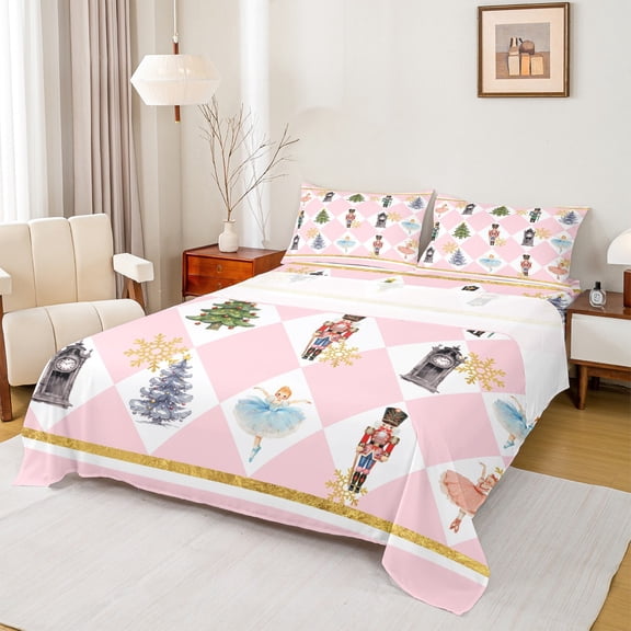 Homewish Girly Pink Princess Bed Sheets for Kid, Dreamy Xmas Tree King Sheets, Cute Nutcracker Guard Sheet Set, Ultra Soft Bedroom Decor, 4pcs