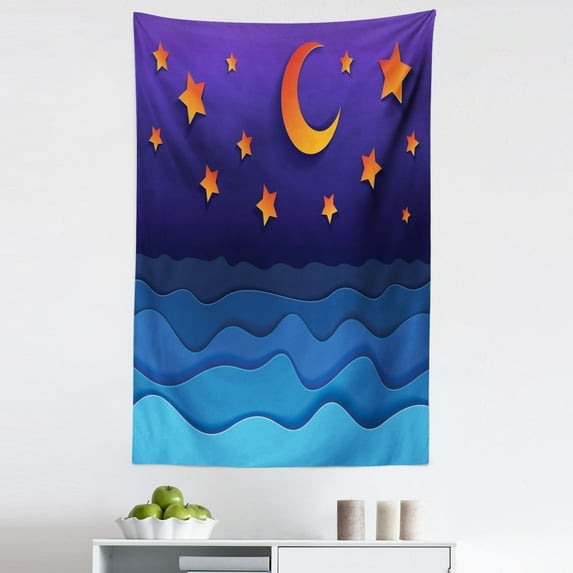Night Ocean Tapestry, Cartoon Like Paper Cut Style Dreamy Crescent Moon and Stars Waves, Fabric Wall Hanging Decor for Bedroom Living Room Dorm, 5 Sizes, Quartz and Multicolor, by Ambesonne