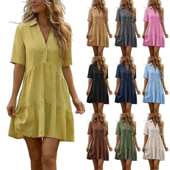BiZtdJrK Linen Mini Dress for Women Summer Short Sleeve Beach Dresses Casual Collared Loose Tiered Shirts Dress Yellow M