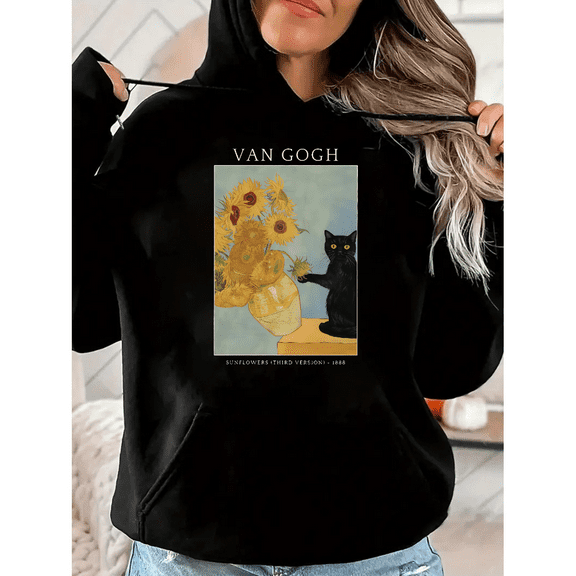 Van Gogh Sunflowers Graphic Tee T-Shirt Top Hooded long-sleeved Comfort Cotton Casual black S-2XL