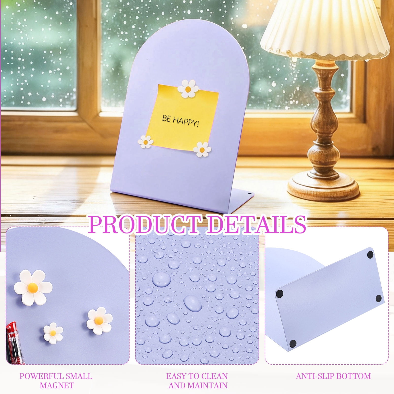 Uxcell 2 Pcs Magnetic Bulletin Board, Memo Magnet Display Stand Board with 6 Flower Magnets for Home Office Kitchen, Purple/White