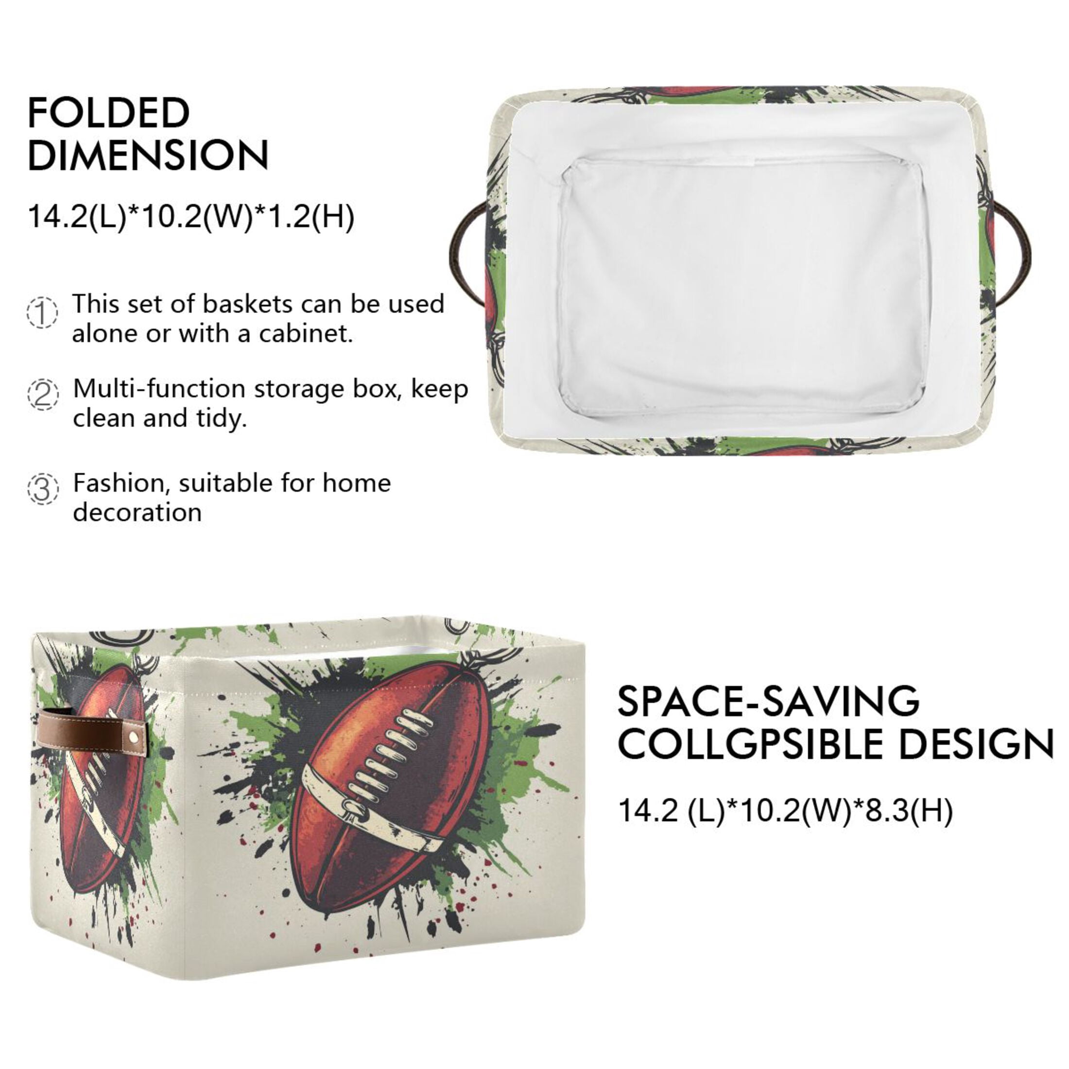 American Football-shaped Foldable Storage Basket,Canvas Fabric Foldable Storage Bins with Handles Open Home Storage Bins Boxes for Toy Book Shelf Closet Baskets