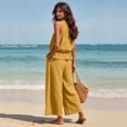 thumbnail image 5 of Women Linen Sets 2 Piece Outfits Boho Beach Travel Sets Sleeveless Ruffle Top Wide Leg Pants Lounge Matching Set,Yellow,XL, 5 of 7