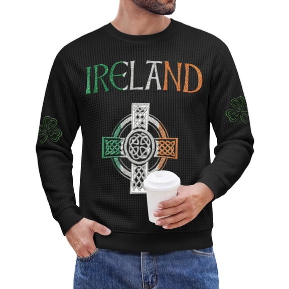 Men's St. Patrick's Day Ireland Crew Neck Long Sleeve Pullover Sweatshirt Casual Celtic Cross Top
