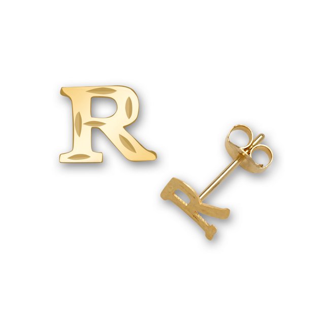 Solid 14k Yellow Gold Small Sparkle cut A Z Letter Name Personalized Monogram Initial Stud Earrings (initial: R) Jewelry