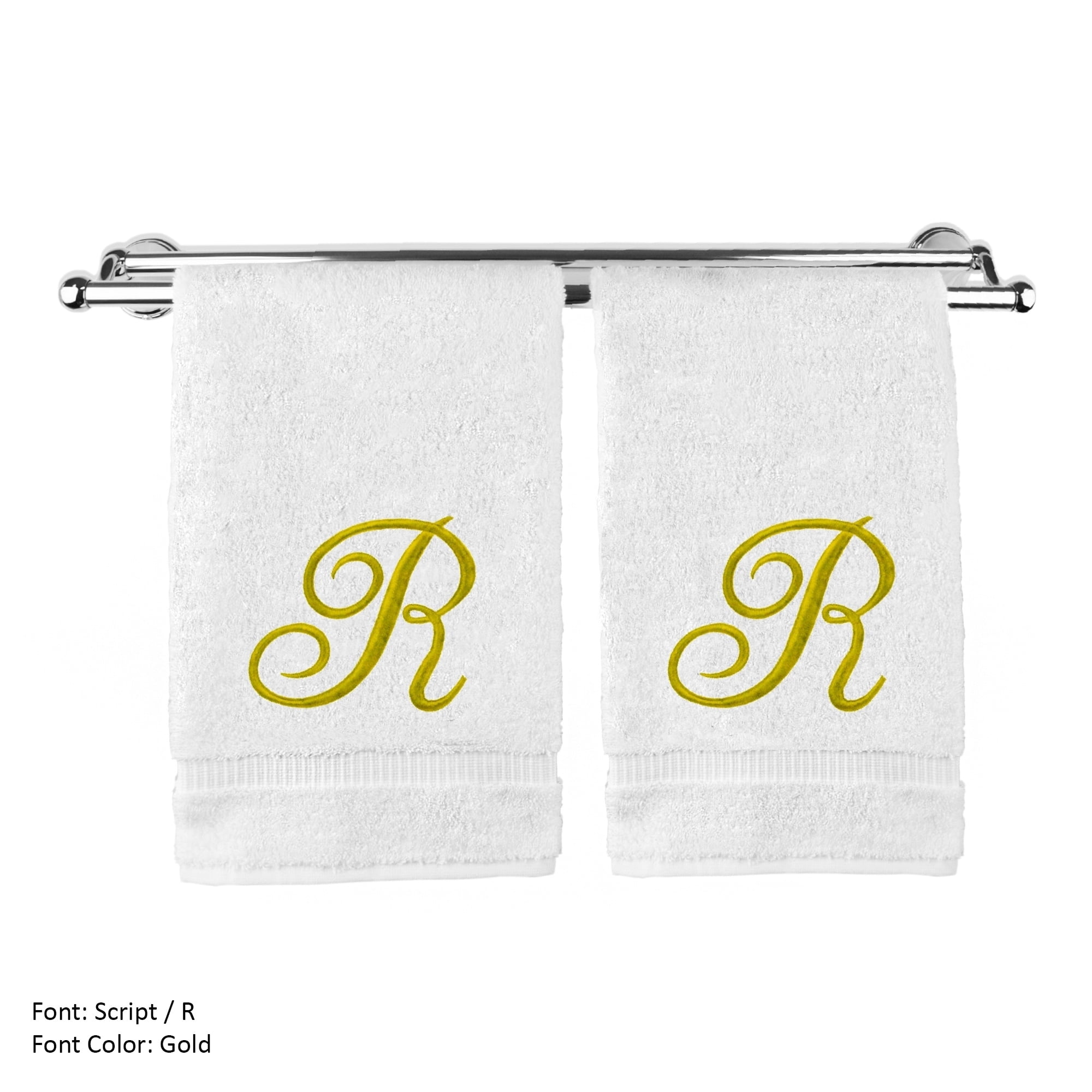 Monogrammed Hand Towel, Personalized Gift, 16 x 30 Inches - Set of 2 - Gold Embroidered Towel - Extra Absorbent 100% Turkish Cotton- Soft Terry Finish - for Bathroom, Kitchen and Spa- Script R White