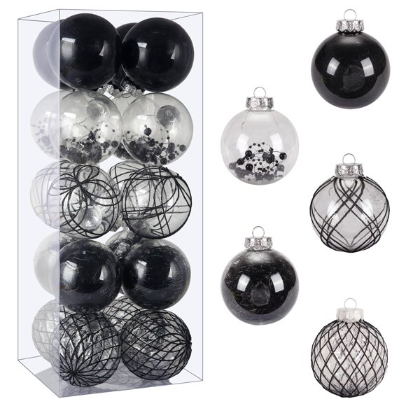 Set de adornos de bolas de Navidad BSTDECOR, negro y transparente, 80 mm, 20 unidades