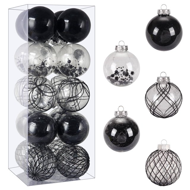 Set de adornos de bolas de Navidad BSTDECOR, negro y transparente, 80 mm, 20 unidades