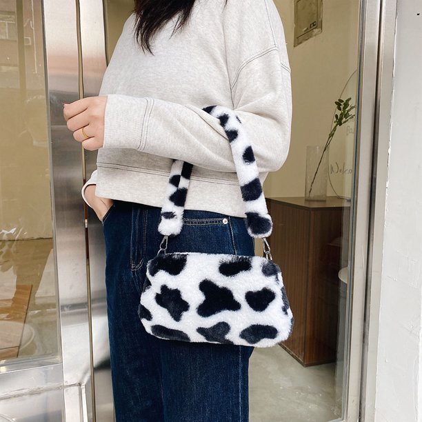 Bolso de hombro de felpa portátil para mujer, bolso con estampado de animales para las axilas, monedero (5)