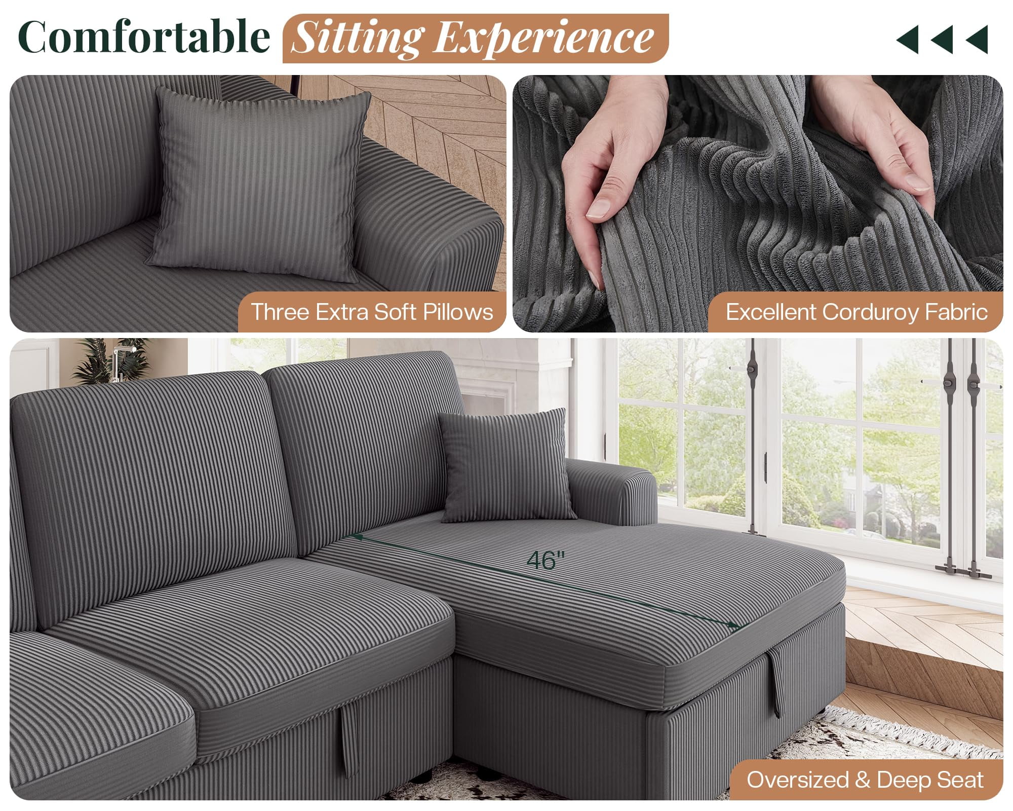 VanAcc 130" Sofa Bed, Sleeper Sofa, Pull Out Sleeper Couch with Storage, Convertible 6-Seater for Living Room, Corduroy Grey