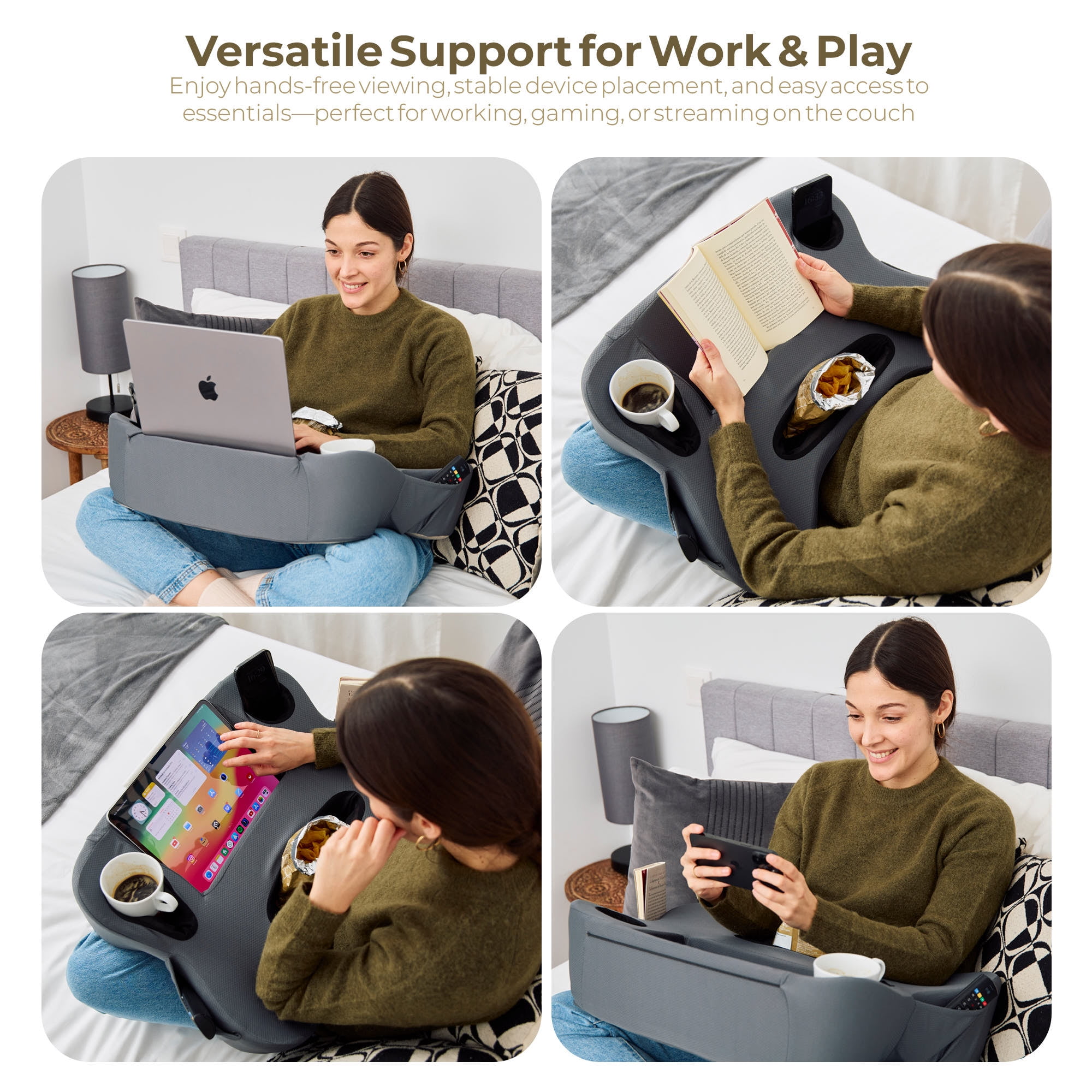 TabCouchCaddy Lap Desk Pillow - Cushioned Lap Pillow for Reading, Gaming, Work & Travel, Soft & Portable Laptop Desk for Bed, Couch, Ergonomic Support for Laptops & Tablets (Grey)