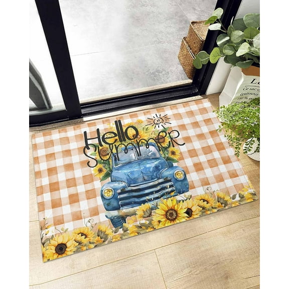 Shag Bath Rugs Blue Truck Summer Sunflowers Plush Soft Fluffy Doormat Floor Carpet,Non-Slip Living Room Bedroom Kitchen Entryway Door Mats Country Farmhouse Plaid