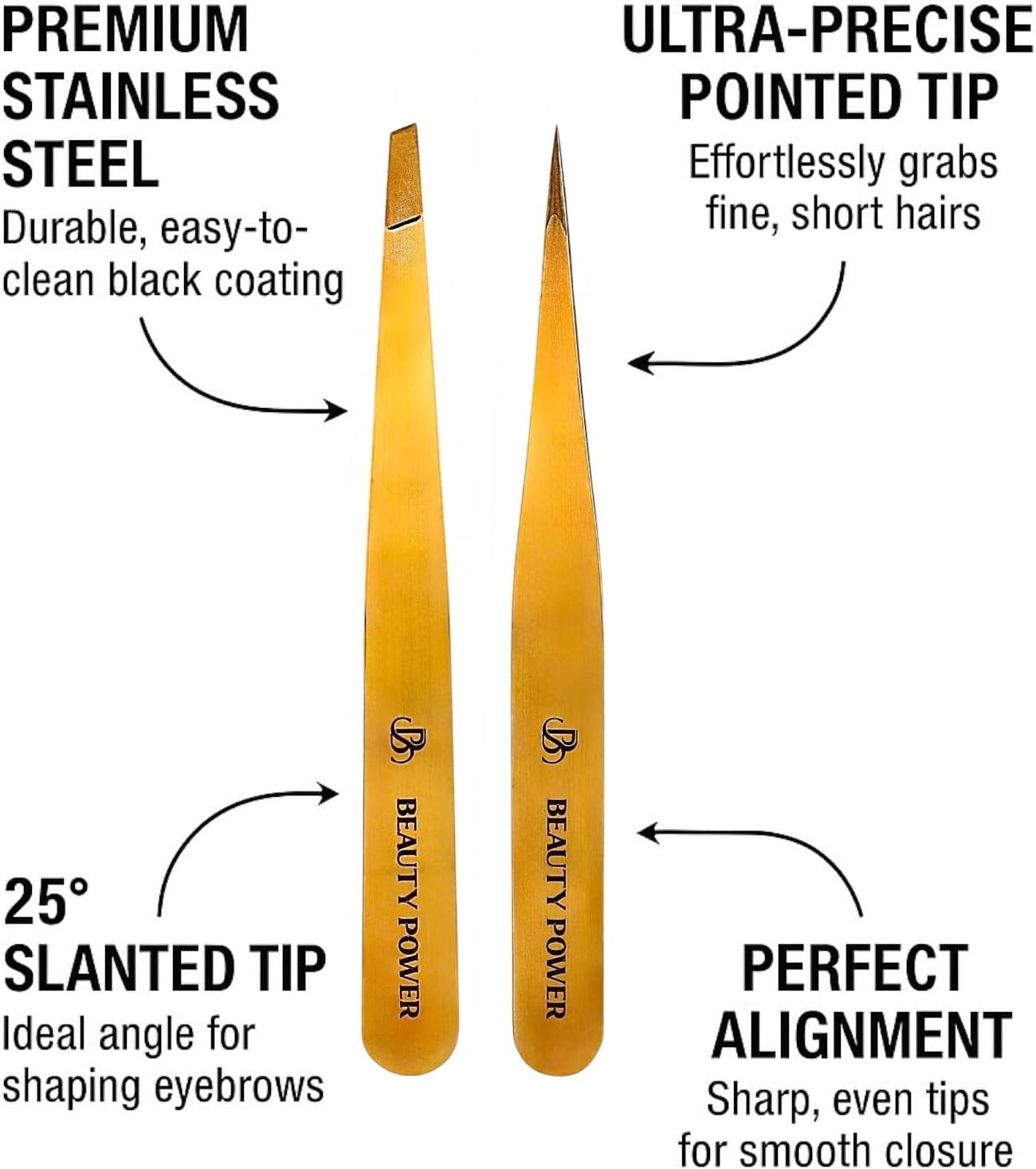 Beauty Power Precision Tweezers for Women Facial Hair & Men - Professional Tweezers Set with Slant & Point Tips, German Stainless Steel, PU Leather Travel Case, Lightweight & Ultra Precision - Gold