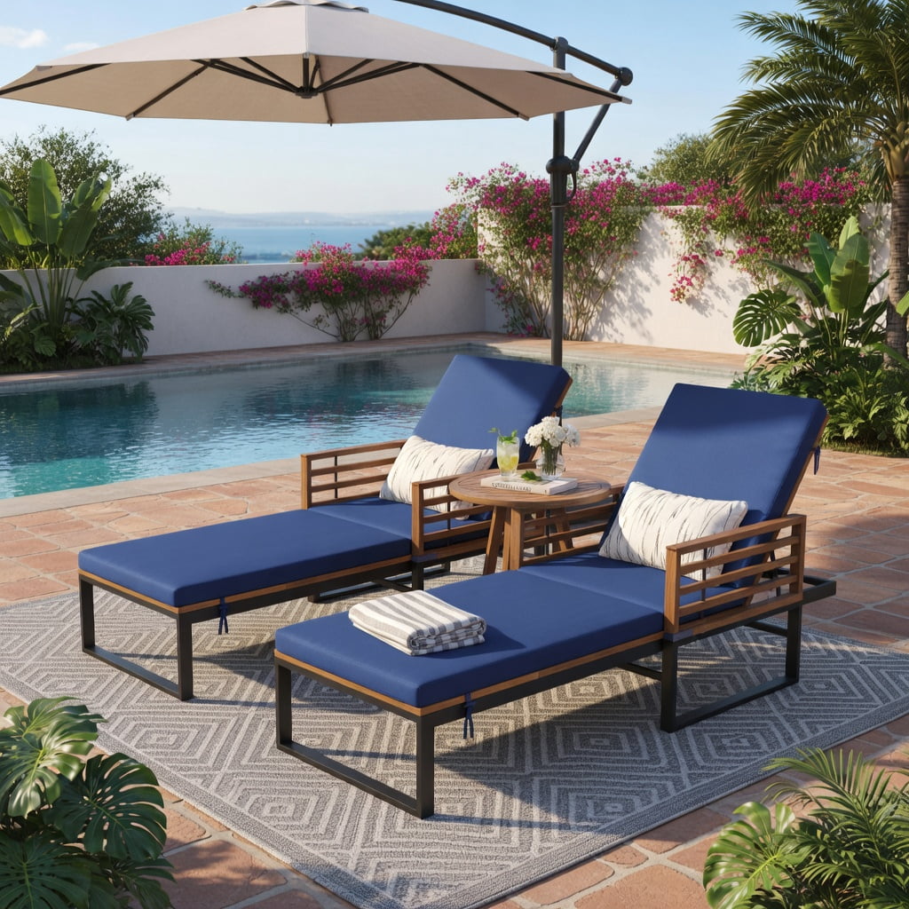Hommoo Adjustable Outdoor Chaise Lounge Chair with Removable Cushion, Sturdy Acacia Wood & Metal Frame, 4-Position Reclining Backrest for Poolside, Patio, Backyard, Navy