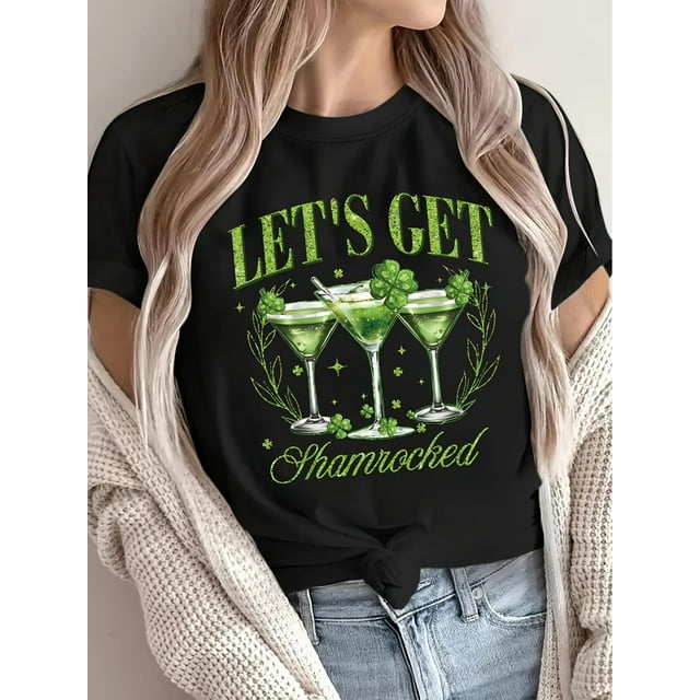 Women'S St. Patrick'S Day T-Shirt, 100% Polyester Knit Fabric, Crew Neck, Short Sleeve, Regular Length, Casual Style with Funny Goblet Graphic Print, All-Season Top
