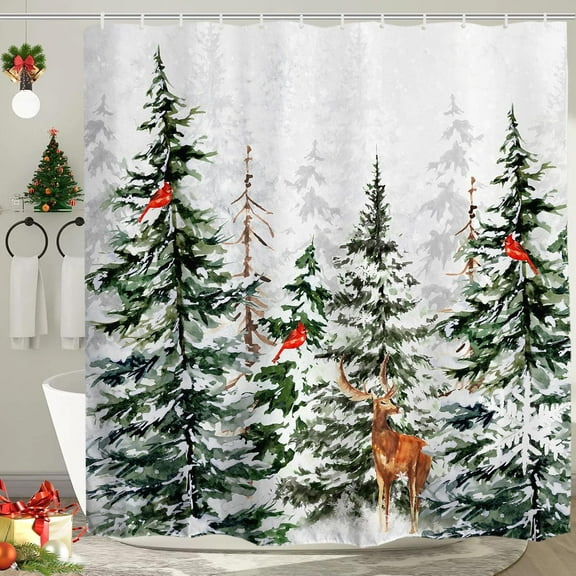 Christmas Winter Shower Curtain Snowy Forest Pine Tree Cardinal Deer Snowflake Shower Curtain 72x72 Inch Xmas Holiday Bathroom Bath Rustic Farmhouse Decor Waterproof with Hooks