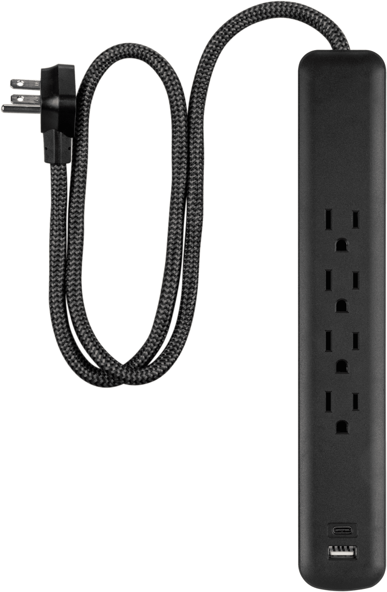 GE Surge Protector Power Strip with USB Ports, 3 FT Braided Extension Cord, 490 Joules, 4 Outlet Extender, 1 USB C, 1 USB A, Flat Plug, Black, 84467