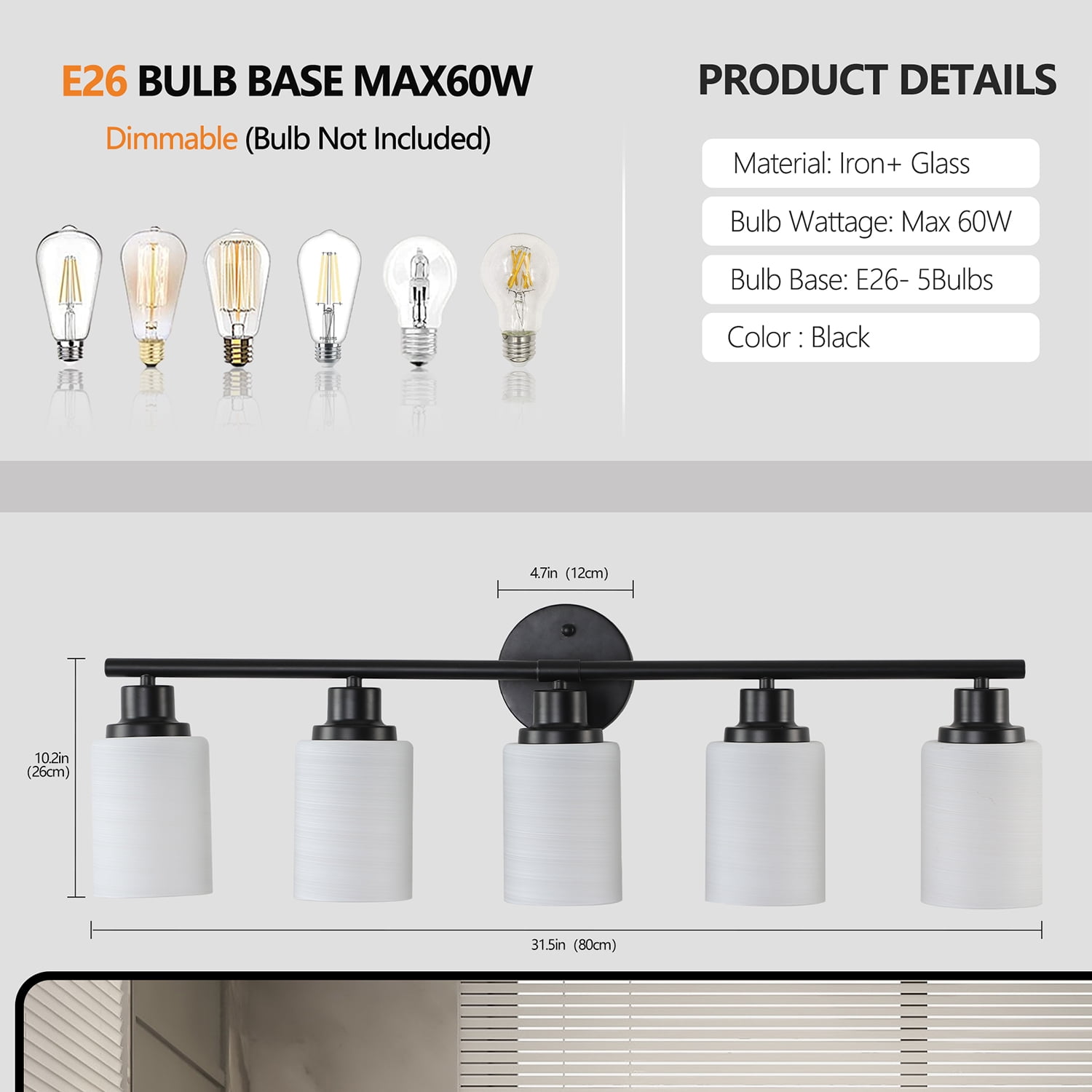 5-Light Black Bathroom Vanity Light with Frosted Glass Shades, Wall Mounted Mirror Lighting for Bathroom or Bedroom, E26 Socket (Bulbs Not Included)