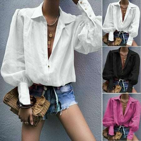 New Fashion Womens Office Button Shirt Clothing Long Sleeve Blouse Sexy V-neck Tops Shirt