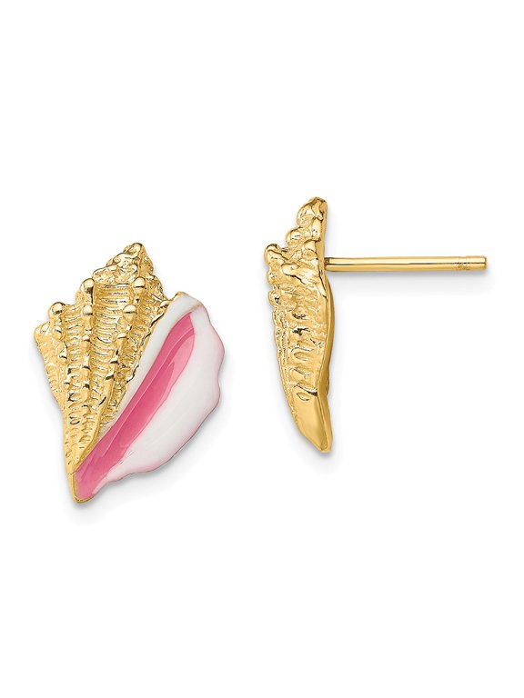 14K Yellow Gold Enamel Conch Shell Post Earrings Pink and White