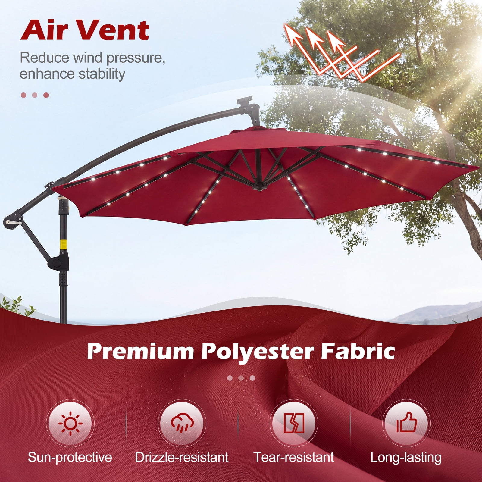 Costway 10 FT Solar Offset Hanging Umbrella Patio Cantilever Umbrella with 32 LED Lights Red