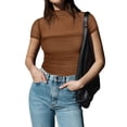 thumbnail image 5 of Raccmtaty Women Bodysuit, Short Sleeve Turtleneck See-through Patchwork Slim Fit Summer Romper Clothes, 5 of 7