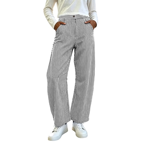 Oiangi Women's Striped Pants High Waist Zipper Barrel Pant Fall Dressy Casual Button Trousers with Pockets Black S