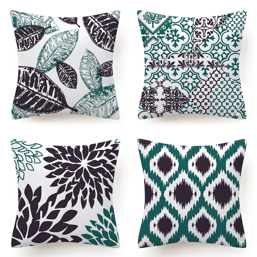 Set of 4 Black and Green Geometric Polyester Throw Pillow Covers