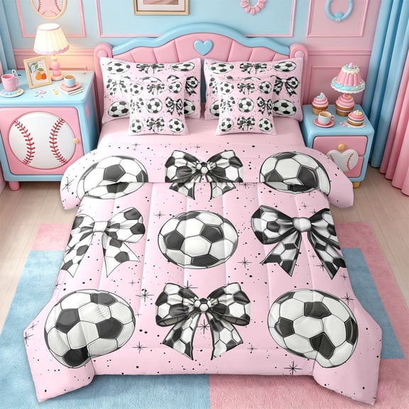 Erosebridal Cute Coquette Bowknot 7-Piece Twin Bedding Sets,Soccer Sport Football Games Bedding Comforter Set For Kids Girls,Reversible pink